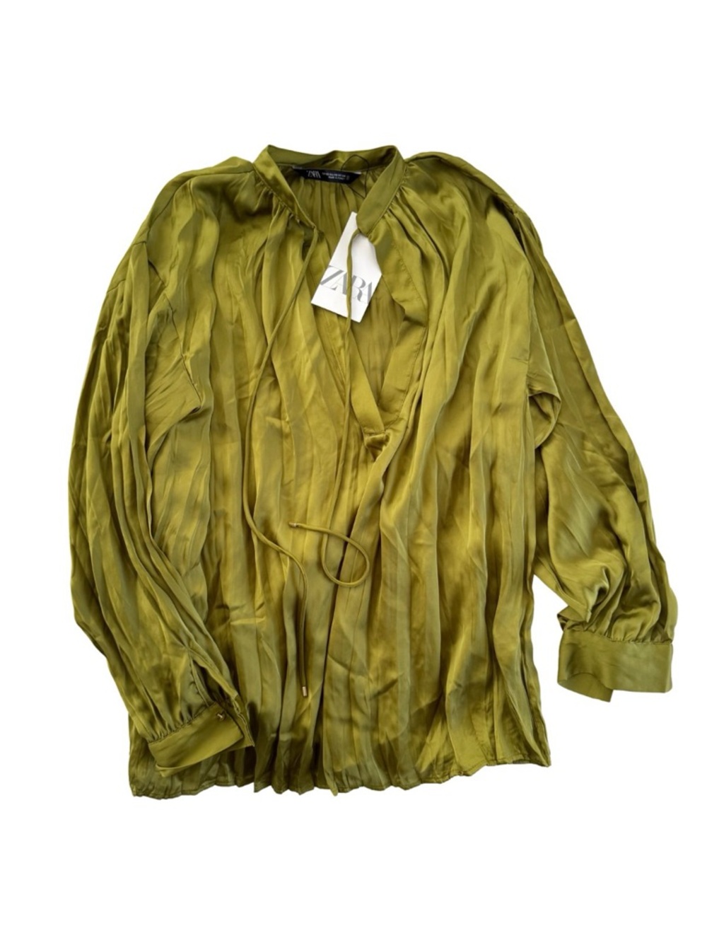 Zara Olive Green Pleated V-Neck Blouse with Ties NWT